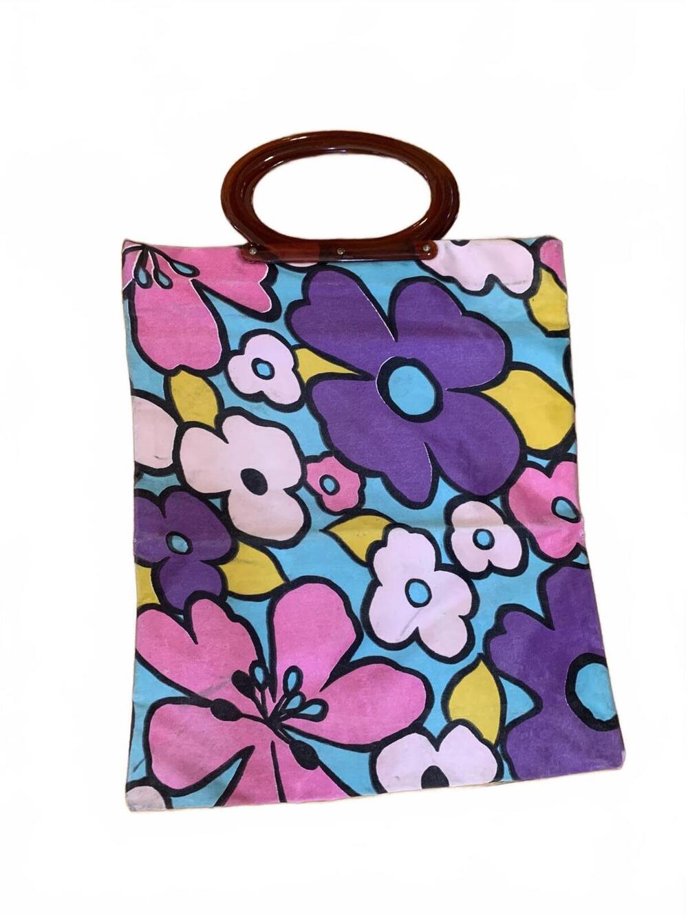Vintage Colorful Floral Print Tote Bag with Brown Oval Handles